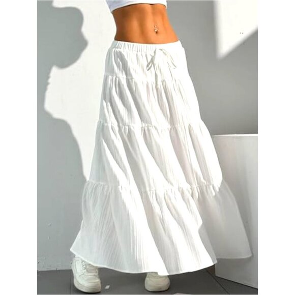 Boho Flowy Maxi Skirt Flared Ruffle Elastic Waist A-Line Chic Summer - Picture 5 of 7